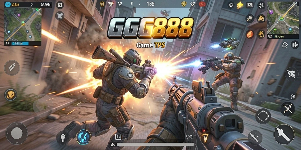 Screenshot gameplay GGG888 yang mendebarkan dengan aksi TPS intens.