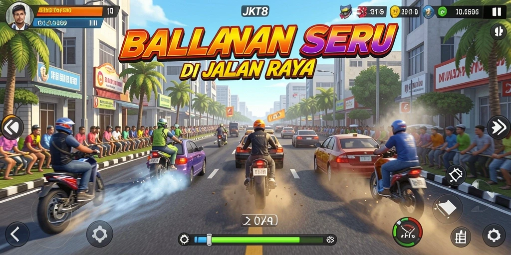 Screenshot gameplay JKT8 menampilkan aksi balap yang mendebarkan.