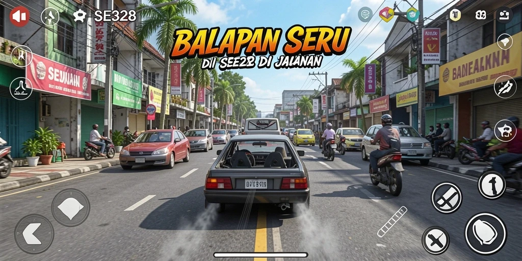 Screenshot utama SE328 yang menampilkan aksi balapan yang mendebarkan.