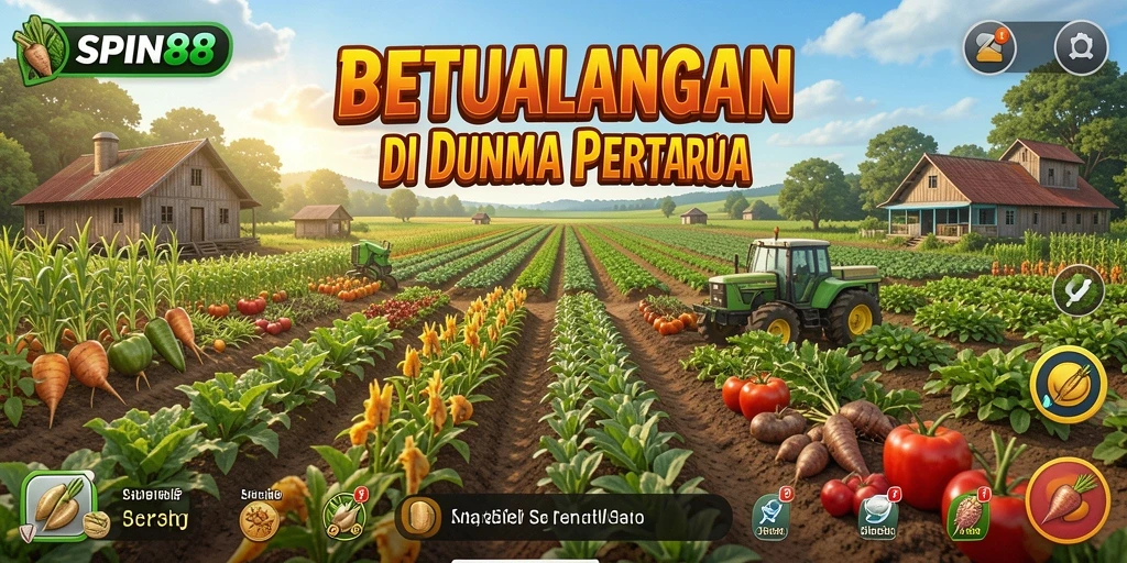 Screenshot gameplay SPIN88 menampilkan kebun yang subur dan aktivitas panen.
